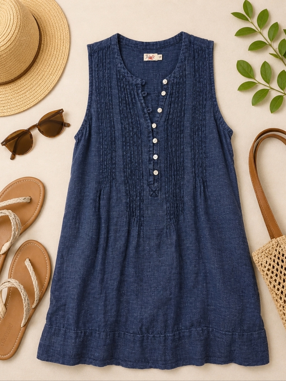 FAHRETY Sleeveless Navy Pintuck Button Front Basketweave Linen Shirt. Ladies Sm